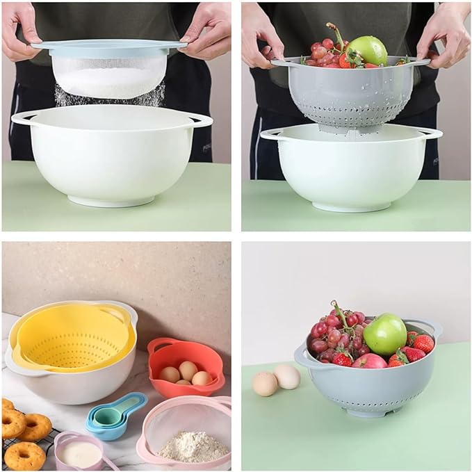 Mixing Bowls, Nesting Baking Bowls with Colander & Fine Mesh (Pebble-8PCS) | BPA-Free, Lightweight, Impact-Resistant, Rinse, Drain, Measure, Repeat, Colorful — Without the Risk.