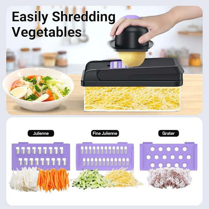 12-in-1 Vegetable Chopper with 7 Blades, Food Veggie Cutter, Purple | Includes Egg Separator, Food Container and Finger Guard, Non-slip Base, for Chopping, Slicing, Shredding, and Mincing