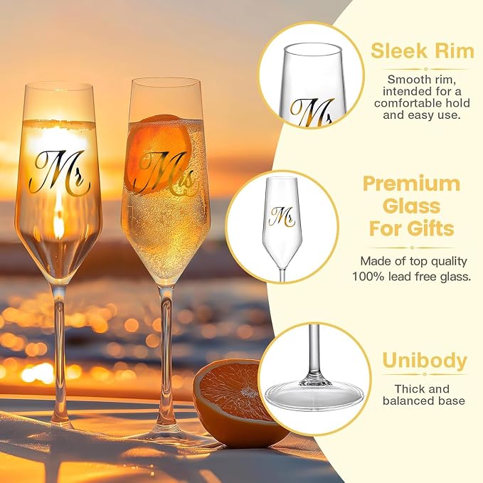 Mfacoy Mr. & Mrs. Champagne Flute Set, Wedding Decor - His and Hers, Wedding Toasting Glasses for Engagement Celebrations, Bridal Shower and Registry Idea, Tall Wine Glasses for Bride and Groom Gifts