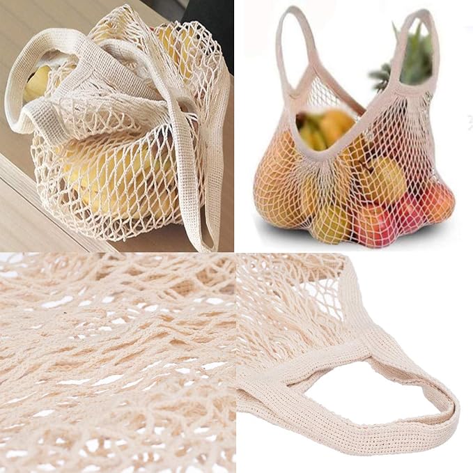 Ahyuan Reusable Cotton Mesh Grocery Bags Cotton String Bag Net Shopping Mesh Bags Pack of 3 (Beige)