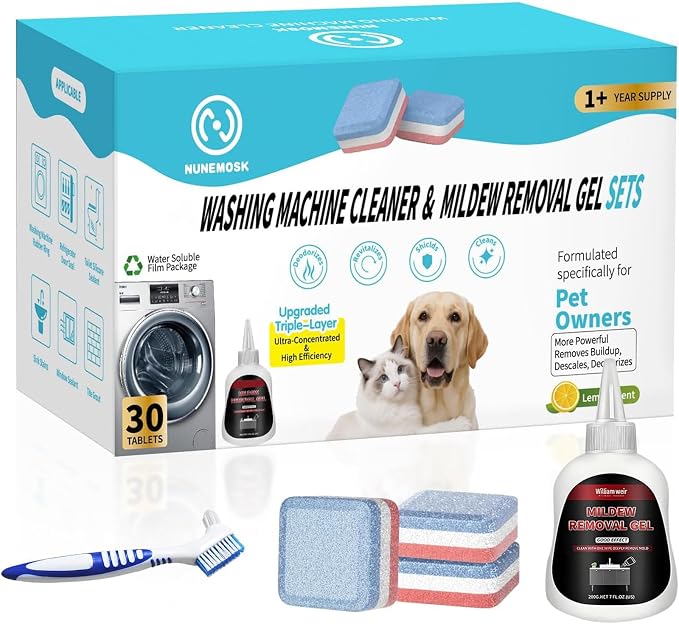 Washing Machine Cleaner Tablets Ultra with Mold Cleaning Gel&Brush | Designed for Pet Owners,Removes Residue, Grime & Odors, Compatible with HE, Top&Front Load, 30 Tablets-12+ Month Supply