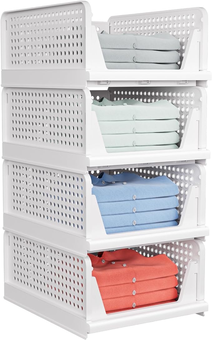4 Pack Stackable Closet Storage Basket - Stackable Storage Bins | Multifunctional & Foldable Closet Organizer Waterproof, Wardrobe Cupboard Space-Saving Storage Drawer Organizer