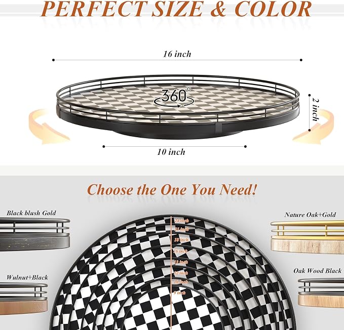 AMH 16-Inch Black and White Checkerboard Lazy Susan Decorative Tray | Smooth rotating oak tray with walnut finish for dining tables, kitchen counters, pantries and cabinet storage.
