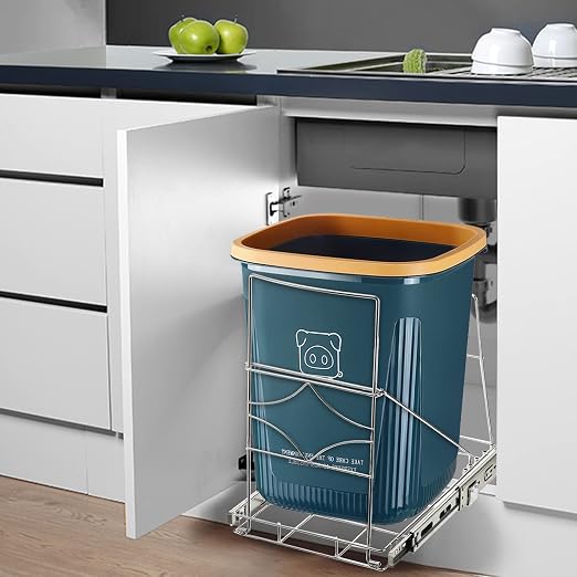 Youeon Pull Out Trash Can Under Cabinet, Adjustable Stainless Steel Under Sink Trash Can Pull Out, Slide Out Garbage Shelf, Fit for 7-11 Gallon Trash Can(Not Included)