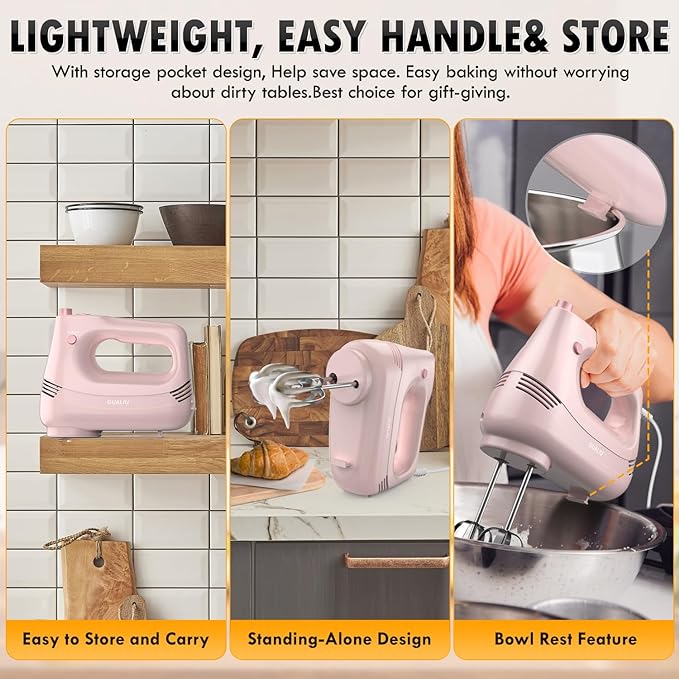 GUALIU Electric Hand Mixer, 304*(2* Beaters, 2* Dough Hooks), (1* Storage Bag) Handheld Mixer for Baking Cakes, Eggs, Cream Food Mixers, Turbo Boost /5 Speed Kitchen Blender PINK
