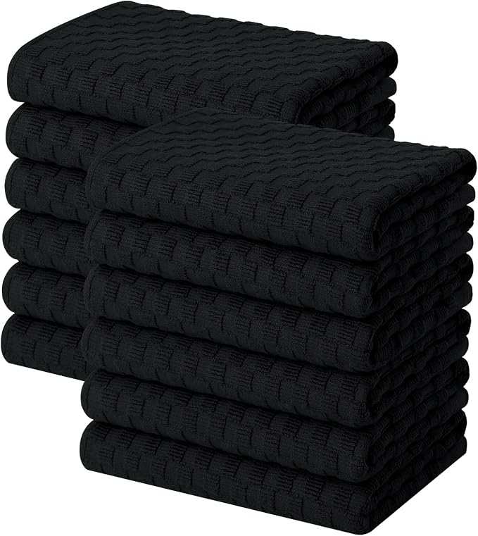 Homaxy 100% Cotton Terry Kitchen Towels(15" x 25", 12 Pack), Black | Soft and Super Absorbent Dish Towels, 380 GSM Reusable Tea Towel with Hanging Loop, Pineapple Grid Designed