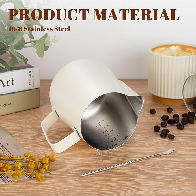 Amrules Milk Frothing Pitcher 20oz Frother Cup Barista Tools, White | 18/8 Stainless Steel, 20oz Capacity with Clear Scale, with Decorating Pen, Ergonomic Handle, for Cappuccino, Latte & Espresso