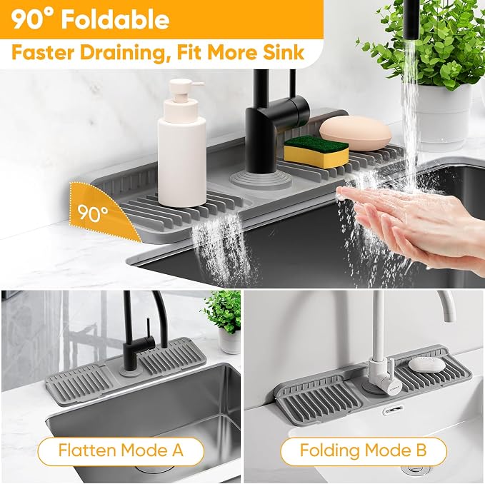 17.7'' Faucet Mat for Kitchen Sink Splash Guard[7° Slope Fast Self-draining][Snap Lock Fit] Folding Kitchen Sink Faucet Mat Splash Guard Kitchen Sink Area Water Splash Guard Behind Faucet Draining Mat