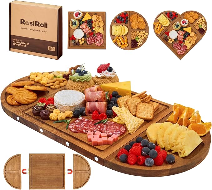 Magnetic Acacia Wood Charcuterie Board Set, 23-Inch Snack Tray | 100% Natural Acacia Wood, Magnetic 3-Piece Transformable Layout,Built-in Juice Grooves, Fits Parties and Gatherings
