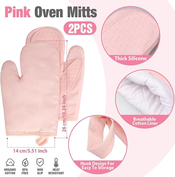 Zubebe Pink Oven Mitts and Pot Holders with Kitchen Towels Set of 7, Valentine's Day Gift for Women Heat Resistant Oven Gloves Kitchen Hand Towels Hot Pads for Cooking Baking(Heart)