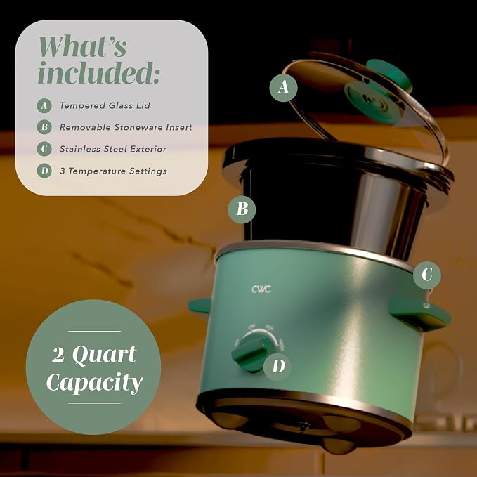 COOK WITH COLOR 2QT Mini Electric Round Slow Cooker - Adjustable Settings, Removable Stoneware Pot, Tempered Glass Lid, Dishwasher Safe, Cool-Touch Side Handles, Dark Sage