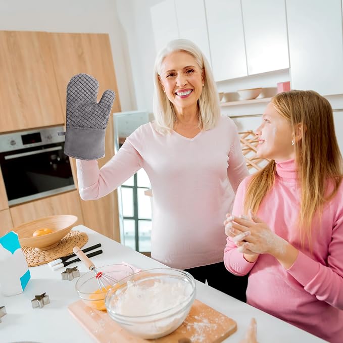 4 Pcs Oven Mitts and Pot Holders,High Heat 500°F Resistant Glove Potholder with Thick Cotton,Silicone Non-Slip Surface Long Kitchen Oven Glove for Cooking Baking Grilling(Grey)