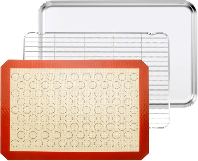 Baking Sheet with Cooling Rack and Silicone Baking Mat, 20 Inch Stainless Steel Bakeware, Healthy & Nontoxic & Rustproof & Easy Clean & Dishwasher Safe