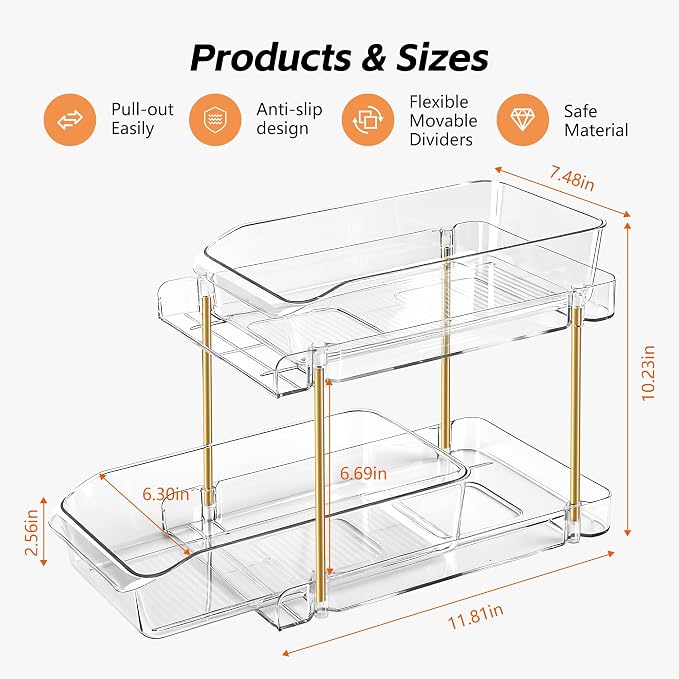 LAREKUN4pack 2-Tier Organizer & Storage Unit Stackable Bathroom Cabinet Organizer Pull-Out Kitchen Pantry Organizer & Storage System Suitable for Countertops, Pantries, Kitchens, Bathrooms