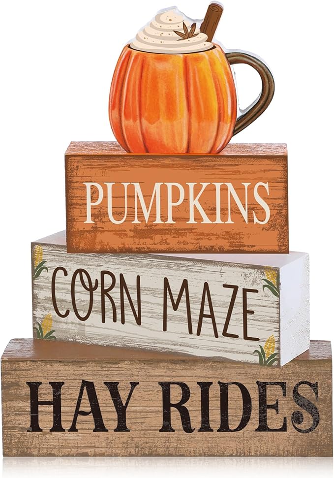 Lineshading 4 Pcs Fall Tiered Tray Decor, Wooden Pumpkin Farmhouse Signs | Rustic Wooden Blocks with Pumpkin Cup, Corn Maze Hay Rides Text, Tabletop Home Decoration for Fall Harvest