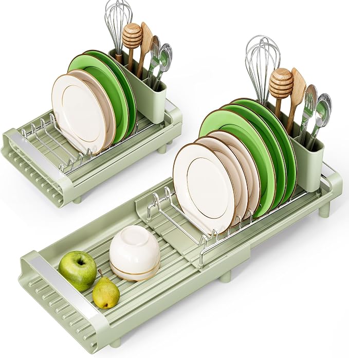 TOOLF Small Dish Drying Rack, Expandable and Space-Saving, Grayish Green | Mini Dish racks for kitchen counter, Compact Design Fits Sink or Counter, Stainless Steel Plate Rack, 11"-19.3"L×7.7"W×3.54"H