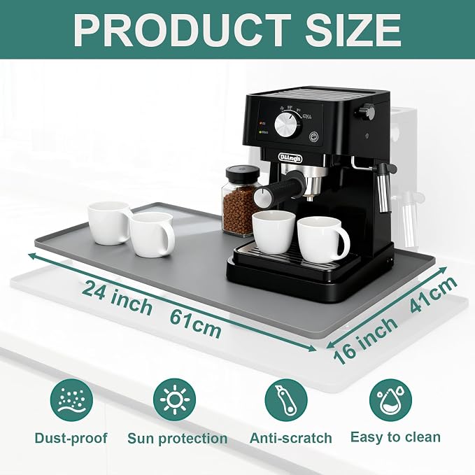 Silicone Coffee Mat 24 x 16 in Classic Black | Coffee bar mat for countertop use, coffee station mat or coffee machine mat with removable tray