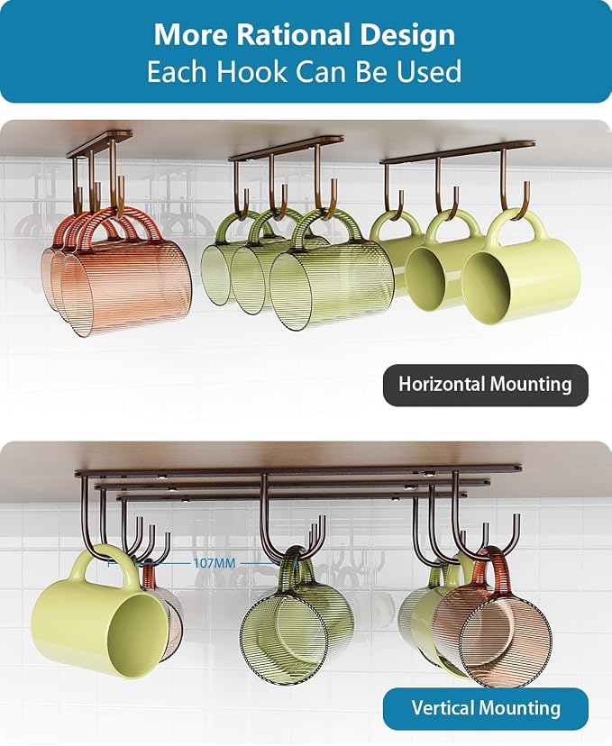 3 Pack Mug Hooks Under Cabinet with 9 Hooks for Displaying Mugs, Brown | Coffee Mug Holder for Hanging Under Shelf, Cup Hanger, Coffee Cups and Kitchen Utensils