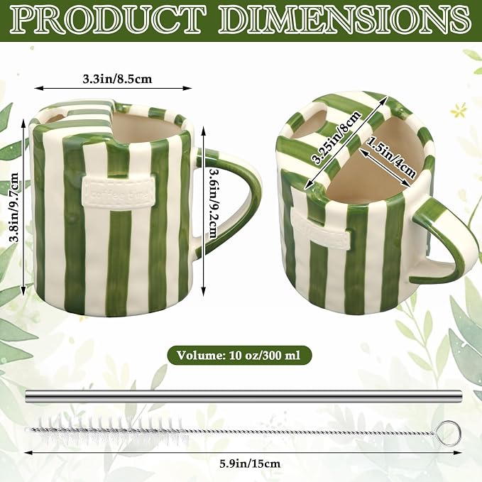1 Pack Ceramic Mug with Sip Hole, Handle, Green | 10oz Ceramic Coffee Cup with Straws, Retro Hand Painted Striped, for Iced Coffee Tea Latte Espresso, Kitchen Dining Travel