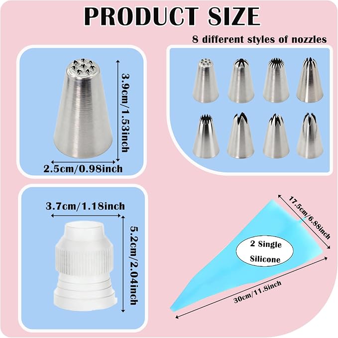 Hendiy 12pcs Large Piping Tips Set | Seamless Stainless Steel, Frosting Icing Tips, Includes Reusable Piping Bag and Coupler