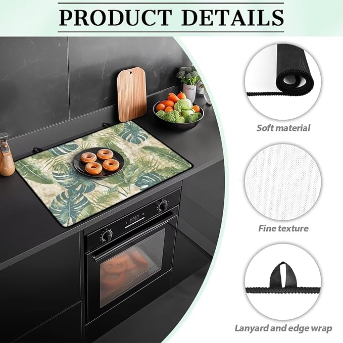 Tropical Leaf Print Electric Stove Insulation Pad Heat & Stain Resistant Dish Drying Mat for Kitchen 30x21 Inch Cooktop Stove Guard Protector with Anti-Slip Grip Extra Large Mat