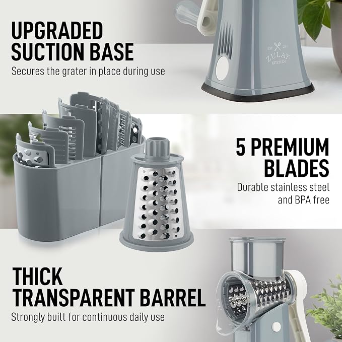 Zulay Kitchen Rotary Cheese Grater 5 Blade Cheese Shredder - Manual Hand Crank Cheese Grater With Reinforced Suction & 5 Interchangeable Drums - Easy to Use, Vegetable Chopper Round Mandoline Slicer