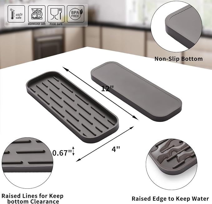 MicoYang Silicone Kitchen Sink Organizer Tray for Multiple Usage,Eco-Friendly Sponges Holder for Kitchen Bathroom Counter or Sink,Dish Soap Dispenser,Scrubber,Bottle,Cup (Coffee, 12"×4")