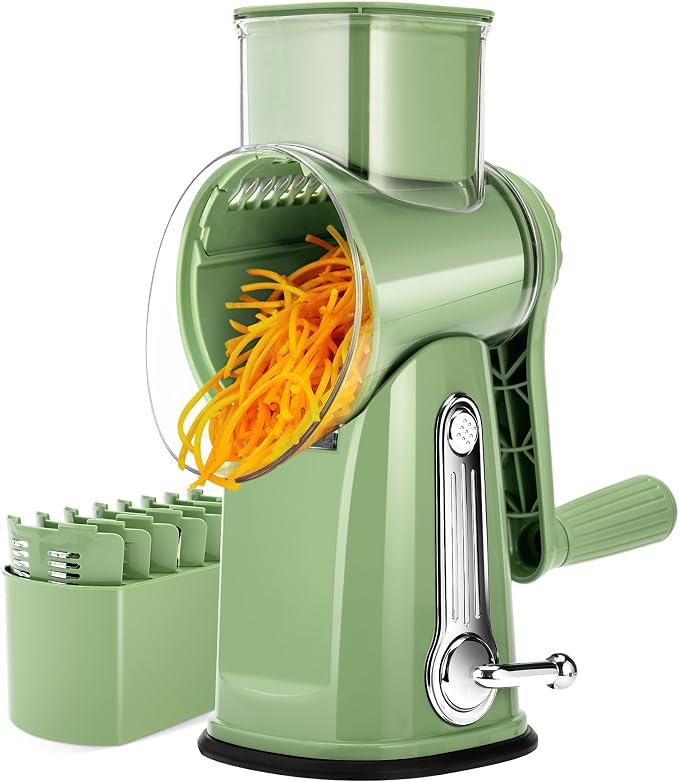 SUSTEAS Rotary Cheese Grater 5 Blades,Kitchen Mandoline Vegetable Slicer | Easy to Clean,Strong Suction Base,Blades Storage Box,Round Mandoline Slicer & Food Chopper for Cheese,Salad,Nut, Retro Green