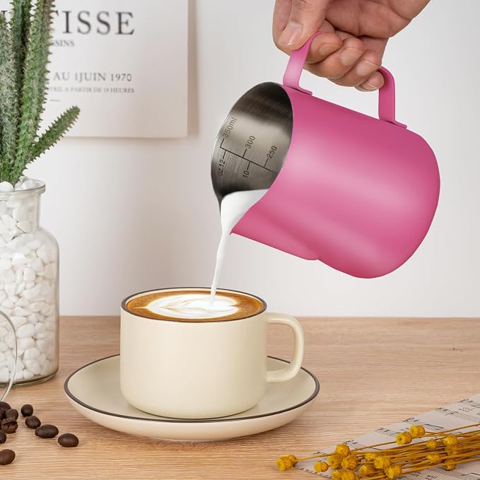 Amrules Milk Frothing Pitcher 12oz Frother Cup Barista Tools, Rose Red | 18/8 Stainless Steel, 12oz Capacity with Clear Scale, with Decorating Pen, Ergonomic Handle, for Cappuccino, Latte & Espresso
