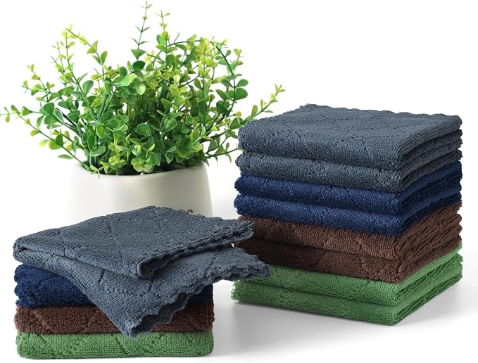 Homaxy 12 Pack Super Soft & Absorbent Coral Velvet Dish Cloths, 10" x 10" | Navy Blue/Dark Grey/Brown/Grass Green, Nonstick Oil Fast Drying Microfiber Cleaning Cloth, No Lint Household Dishcloths