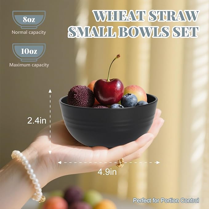 Wheat Straw Small Bowl Set of 8, Unbreakable Dessert Bowl - 10 OZ, Wheat Straw Mini Bowls for Kitchen, Kids, Microwave and Dishwasher Safe Bowls for Snack, Appetizer, Ice Cream (Black)