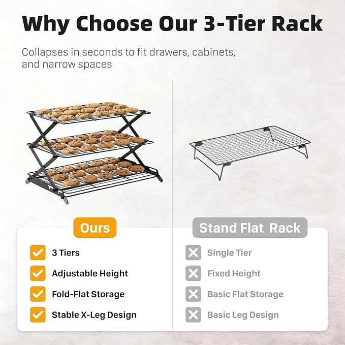 3-Tier Collapsible Cooling Rack, Adjustable Wire Baking Rack, Black | 3 adjustable heights, stable X-leg frame, folds flat, open-wire airflow, 17.1 x 9.8 in, for cookies, cakes and pastries