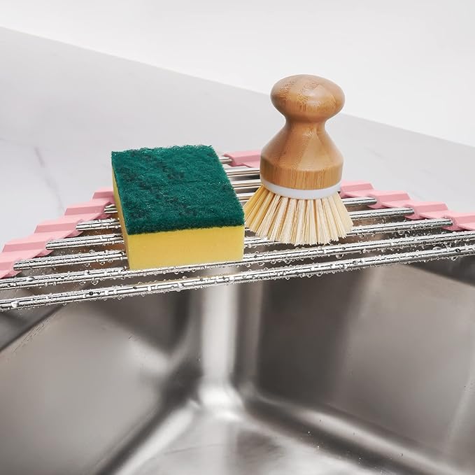 Tomorotec Triangle Foldable Dish Drying Rack, Small Roll-Up Stainless Steel Over Sink Drainer for Kitchen Sink Corner, Rustproof Multipurpose Organizer(Pink) | BPA-Free Food-Grade Silicone Edges Foldable Waterproof Rustproof Heavy-Duty Space Saver Heat...