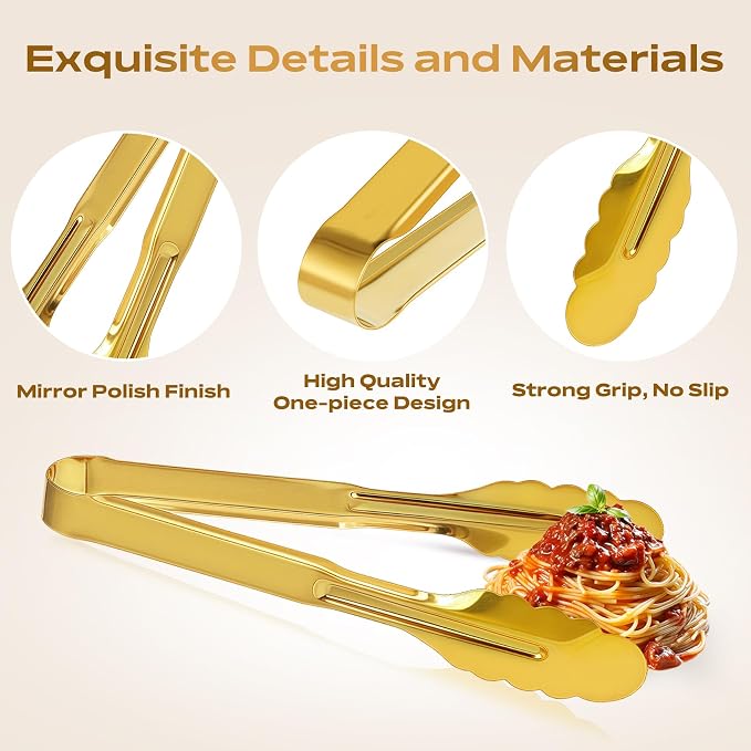 4 Pack Stainless Steel Serving Tongs, 9 Inch Gold Salad Tongs Serving Utensils Buffet Tongs Gold Plated Heavy Duty Reusable Metal Kitchen Clips for Salad, Snack, Barbecue, Catering, Wedding, Party