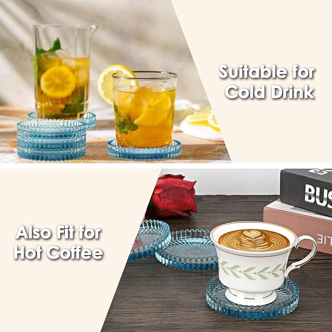 Modern Clear Coaster Set of 5- Glass Coasters for Drinks, Clear Blue | Crystal Coasters Round Cup Mat Coffee Table Decor for Office, Kitchen, Bar, Dining Room, Living Room, Patio