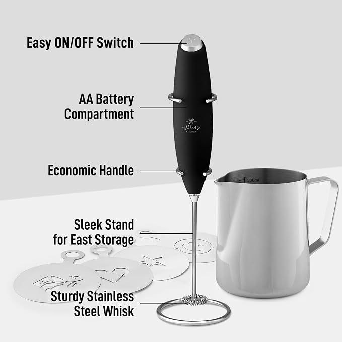 Zulay Premium Gift Milk Frother Set – Handheld Coffee Frother with Stand, 12oz/350ml Frothing Pitcher + 4 Latte Art Stencils – 13,000 RPM Motor, SS Whisk, Battery Operated – Barista Kit (Black)