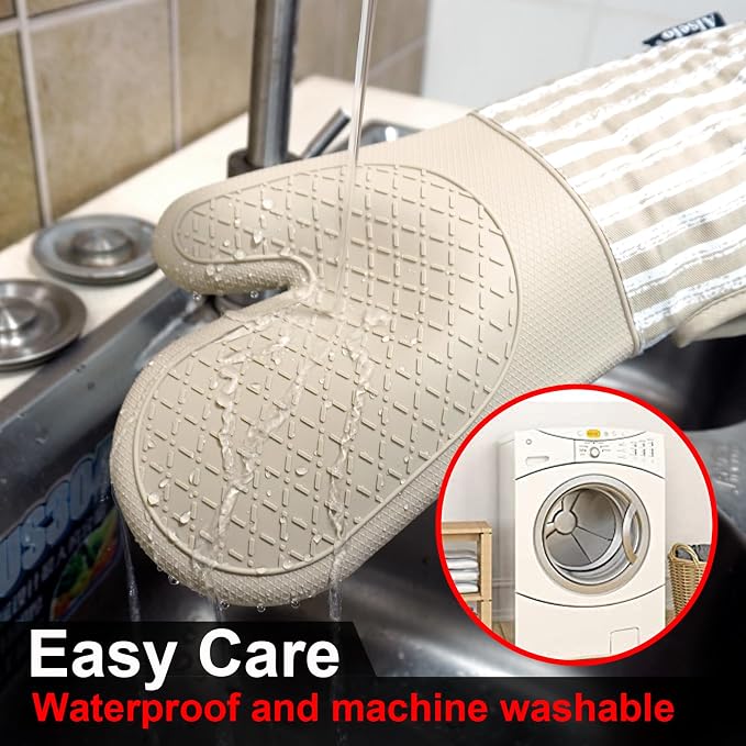 Alselo Silicone Oven Mitts Heat Resistant 932℉ with Waterproof & Non-Slip | Kitchen Mittens Set of 2,Extra Long 7.5"x15" Oven Gloves with Soft Cotton Terry Lining for Baking Cooking BBQ (Khaki,2)