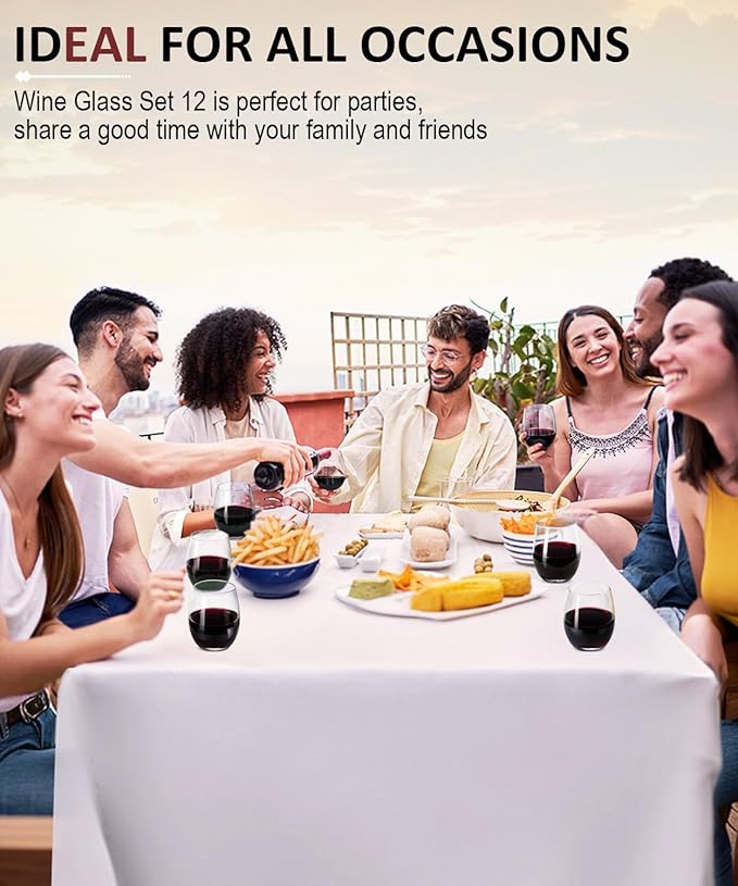 OJA Wine Glasses Set, Crystal Stemless Red Wine Glass, Set of 12, 15 oz | No Stem, Clear, Sturdy Drinking Glass for White Wine, Daily Use, Birthday, Wedding, Home Party, Anniversary, Shower Gift