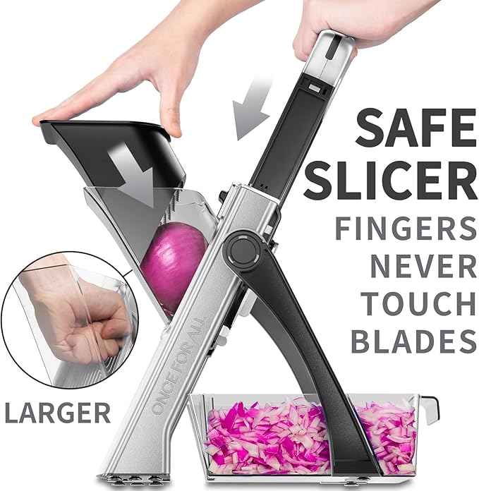 ONCE FOR ALL Safe Mandoline Slicer Plus, Bigger Size, Potato Slicer, Black | 0.1-8mm Adjustable Vegetable Food Chopper, Kitchen Mandoline Slicer Stainless Steel, Detachable Blade, Dishwasher-safe, Gift