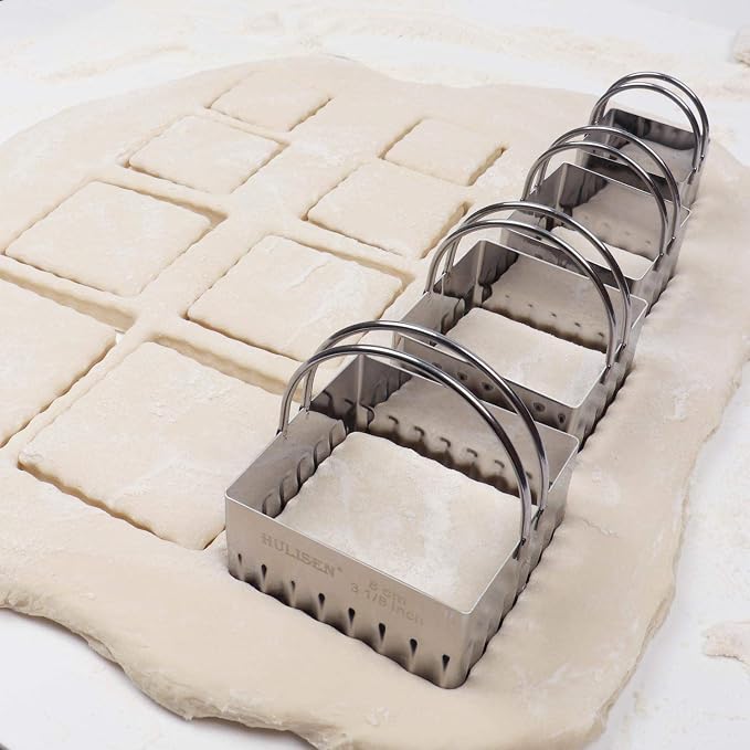HULISEN Square Biscuit Cutter Set 4-Pc, Cookies Cutters with Handle | Stainless Steel, Dishwasher Safe, Etched inch/cm Markings, Gift-Ready Packaging, Ergonomic Arched Grip, Ripple Square