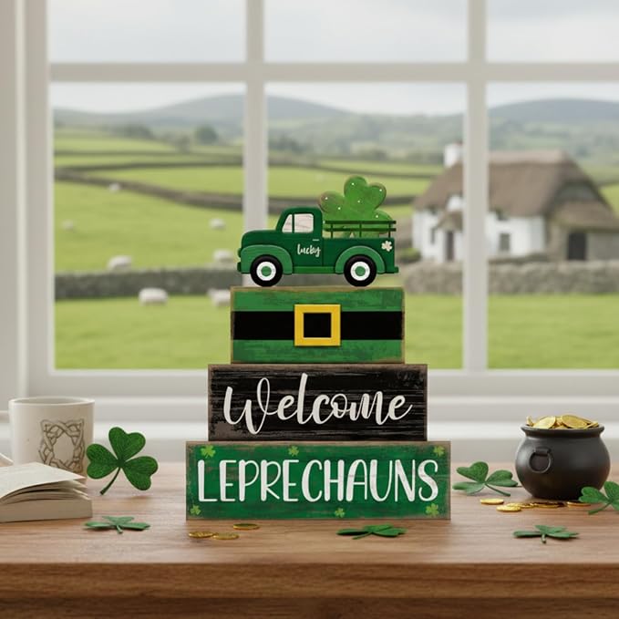 Lineshading 4 Pcs Wooden Leprechaun Block Signs Tiered Tray Decor | Rustic Farmhouse Shamrock Truck Signs, Stackable Tabletop Decor for St Patricks Day, Home Decor and Gifts