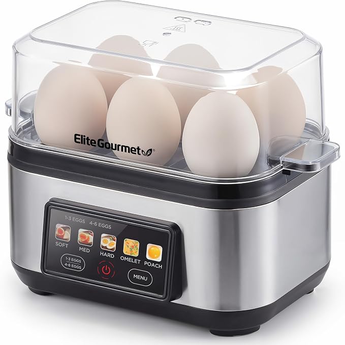 Elite Gourmet Digital Egg Cooker, 6-Egg, Steel Heating Plate & Housing | One-touch graphic display cooks soft, medium, or hard-boiled eggs plus poached eggs and omelets - auto shut-off feature