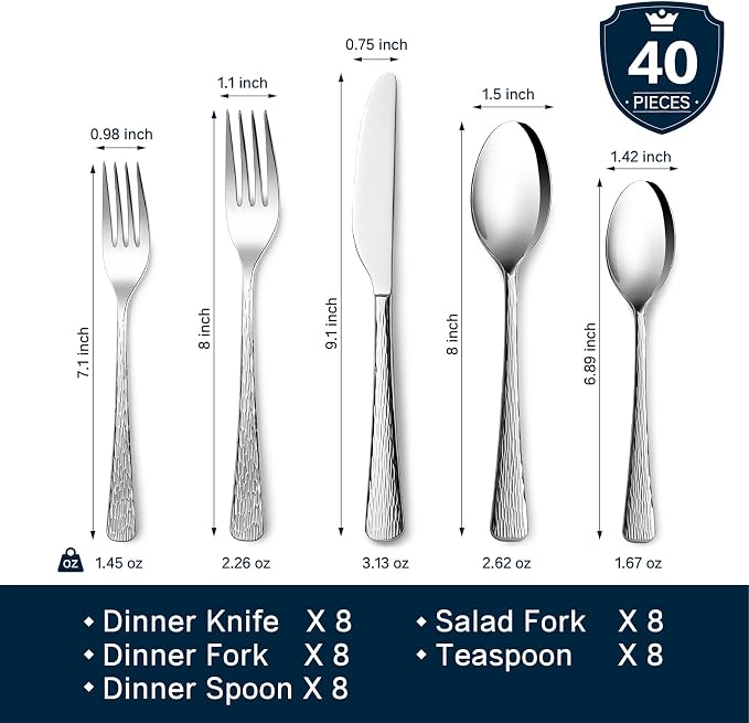 Silverware Set for 8, 40 Piece Flatware Set, 18/10 Stainless Steel | Hammered Mirror Polished Ripple Handles, Dishwasher Safe, Rust Resistant, for Home Kitchen, Wedding, Party, Housewarming Gift