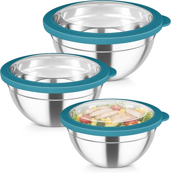 TeamFar Mixing Bowl Set, 4.5/3/1.5 QT Stainless Steel Nesting Salad Bowls | with Airtight Lids, For Serving/Mixing/Storing/Prepping, Non-Toxic & Sturdy, Visible & Easy Clean, Dark Blue, Set of 3