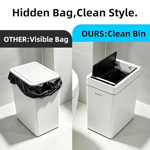 2.7 Gallon Slim Bathroom Touchless Trash Can, Automatic Smart Trash Can with Air-Press Bag Expander, Sensor Lid Waste Bin for Bedroom, Office & RV, White