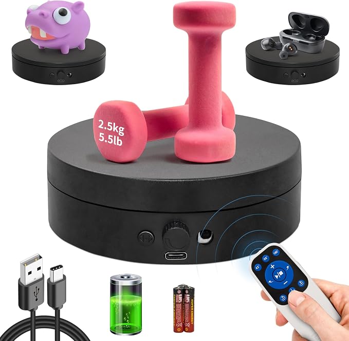 Motorized Rotating Display Stand with Remote, 4.53in 360 Electric Turntable for Display,Photography,3D Scanner Models, Motorized Lazy Susan and Photography Turntable Control Angle/Speed,Step/Swing/Continuous Rotation