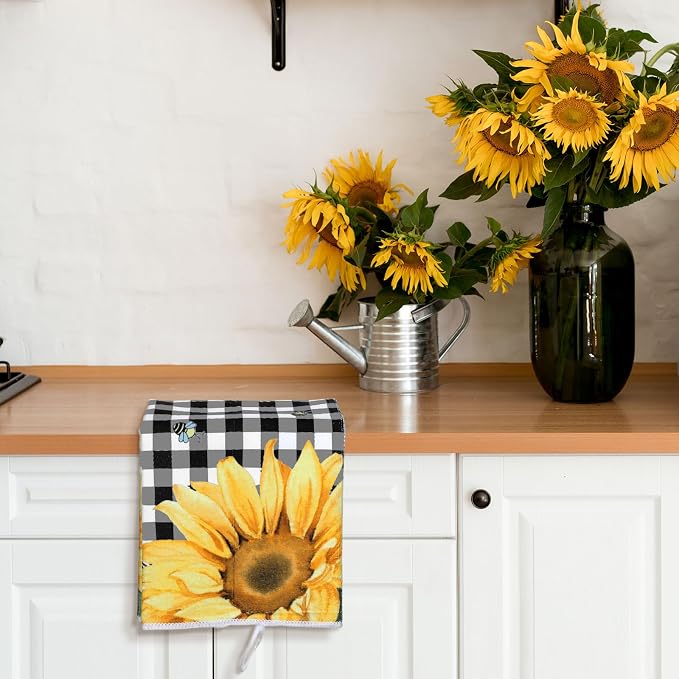 4 Pcs Sunflower Kitchen Towels Floral Hand Dish Towels Gift | Fast Drying Absorbent Tea Dishcloth Yellow Flower Buffalo Plaid Decor Housewarming Gift for Cooking Kitchen Bathroom