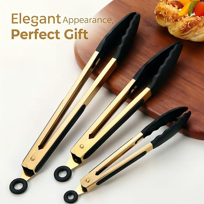 Professional Gold Kitchen Tongs for Cooking with Silicone Tips, Set of 3 (7", 9", 12") - Heavy Duty Stainless Steel Food Tongs for Grilling, Serving, BBQ, Salad & Frying - Heat Resistant & Non-Stick