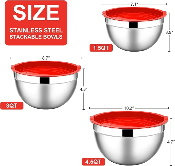E-far Mixing Bowls with Lids Set, 6-Piece Stainless Steel Salad Bowls | Metal Nesting Cooking Bowls with Airtight Lid for Kitchen Storage, Baking & Prepping, Dishwasher Safe, 1.5/3/4.5 QT, Red