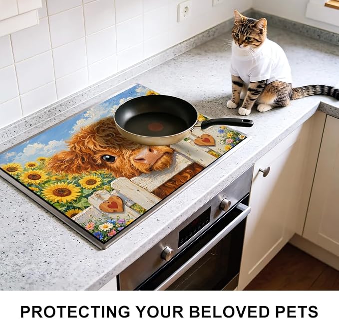 Highland Cow Stove Top Cover, Sunflower Farmhouse, 28x20 in | Baby highland cow over white fence in a sunflower field; non-slip mat; protects glass and electric cooktops; 28.4 x 20.5 in